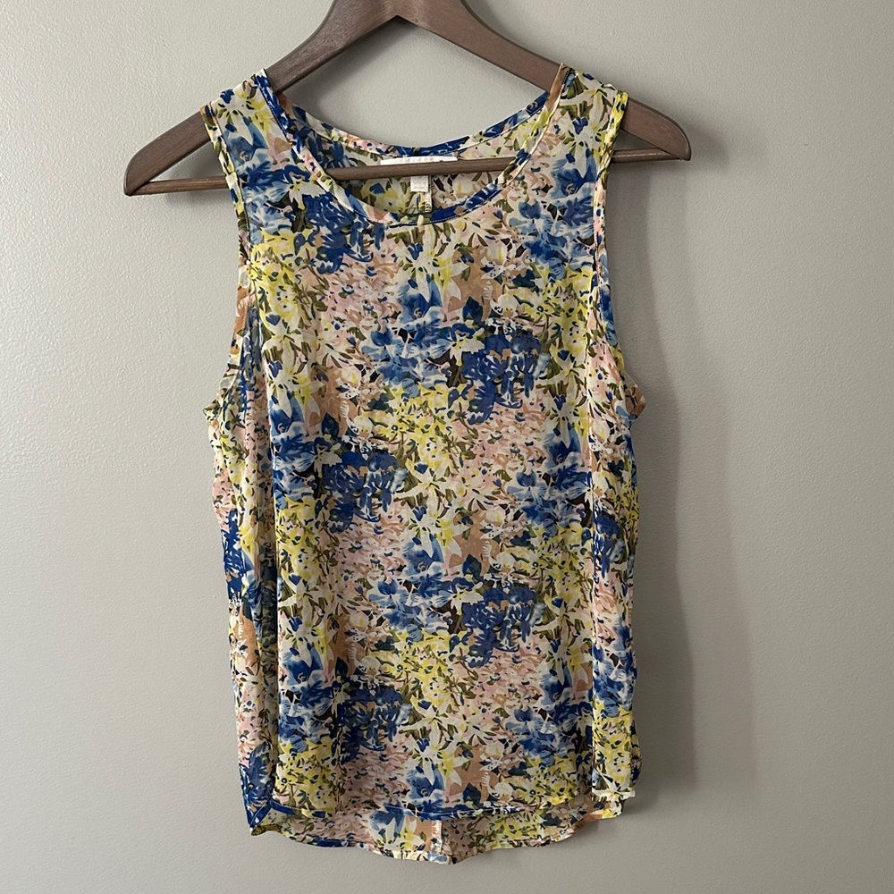 Aryn K Small Floral Sheer Sleeveless Top - Blue, Yellow, Pink